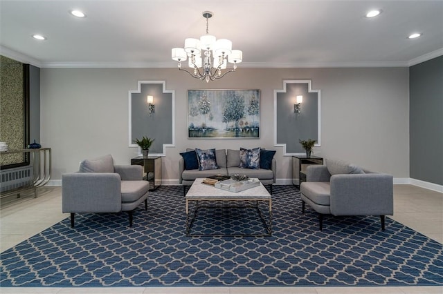 living room featuring tile patterned flooring, an inviting chandelier, and ornamental molding