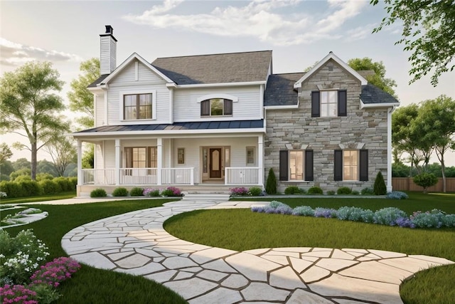 view of front of home with a porch and a front yard