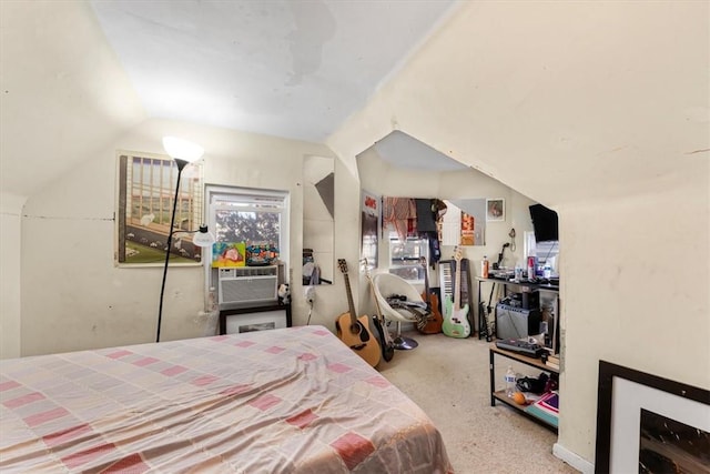 bedroom with lofted ceiling, cooling unit, and carpet floors