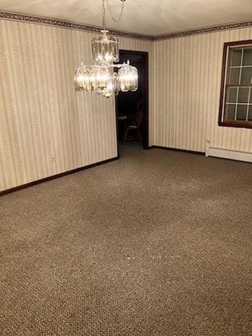 unfurnished dining area featuring dark colored carpet and a notable chandelier