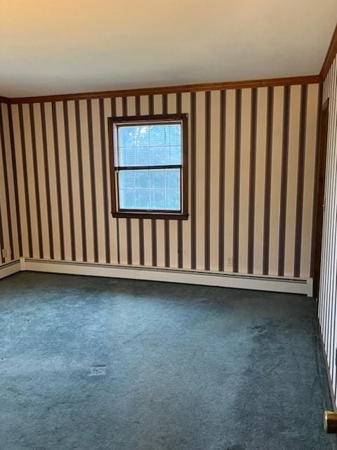 unfurnished room with dark carpet and a baseboard heating unit