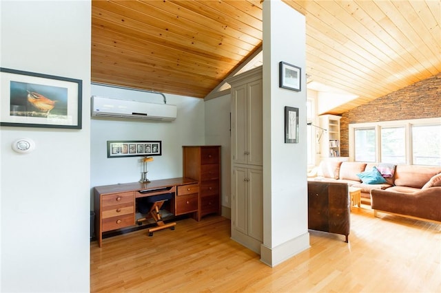 home office with light hardwood / wood-style flooring, a wall unit AC, and wood ceiling