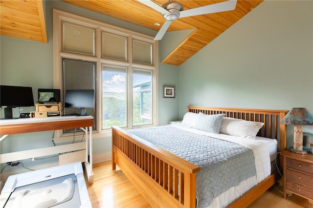 bedroom featuring lofted ceiling, light hardwood / wood-style floors, wood ceiling, and ceiling fan