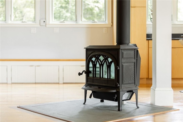 details with a wood stove and hardwood / wood-style floors