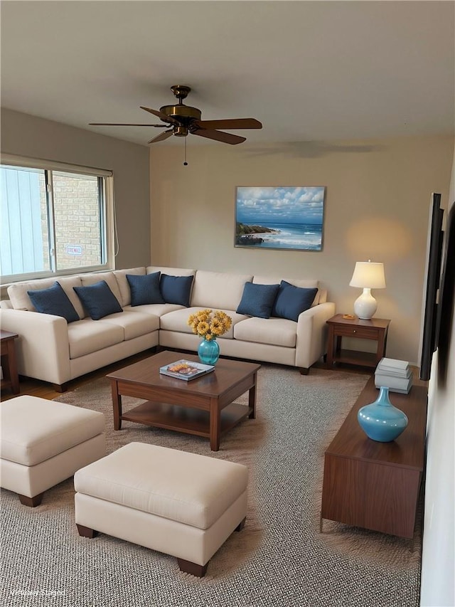 living room featuring ceiling fan