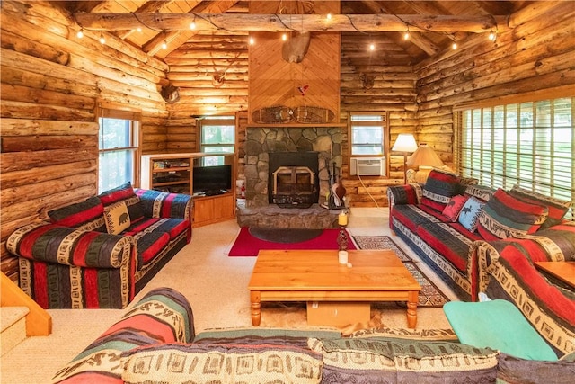 living room featuring log walls, a wood stove, plenty of natural light, and beamed ceiling