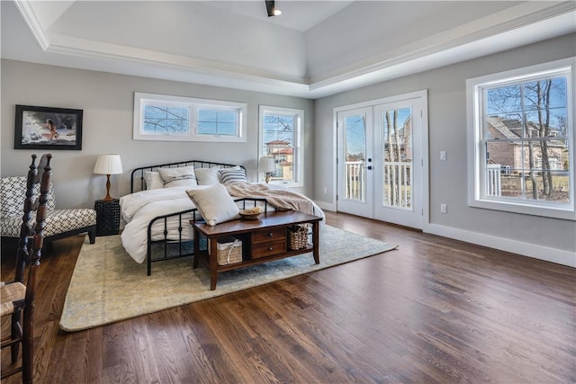 bedroom featuring access to outside, multiple windows, and dark wood-type flooring