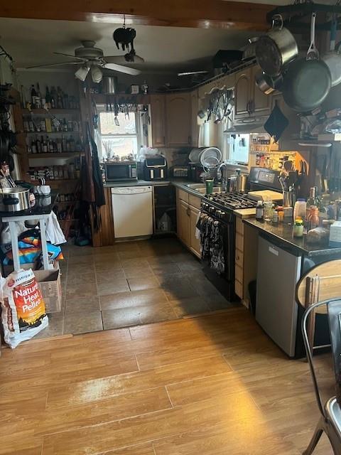 kitchen featuring ceiling fan, sink, stainless steel appliances, and light hardwood / wood-style flooring