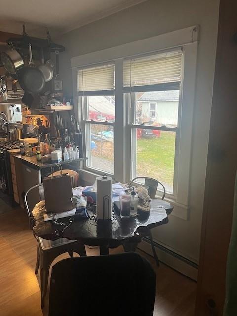 dining room featuring a healthy amount of sunlight, a baseboard heating unit, and light wood-type flooring