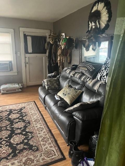 living room featuring a healthy amount of sunlight, wood-type flooring, and cooling unit