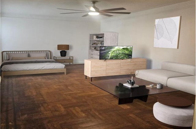 living room featuring dark parquet flooring, ceiling fan, and crown molding