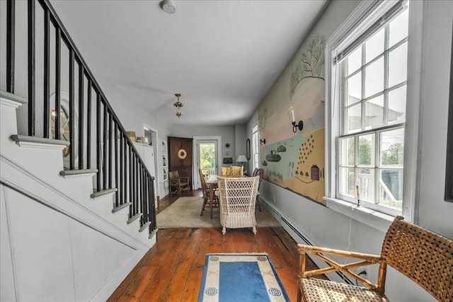 interior space with dark hardwood / wood-style floors and a baseboard heating unit