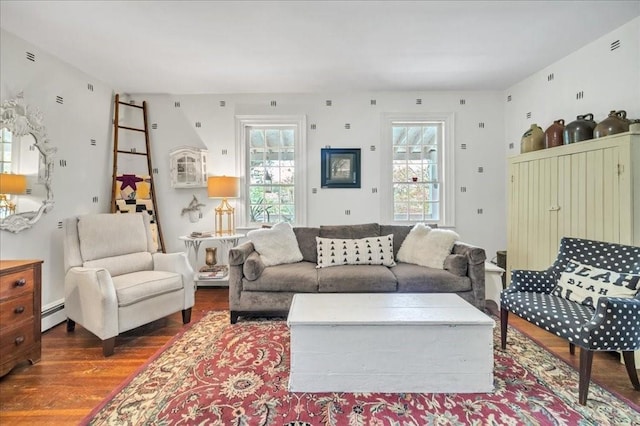 living room featuring plenty of natural light, dark hardwood / wood-style flooring, and a baseboard radiator