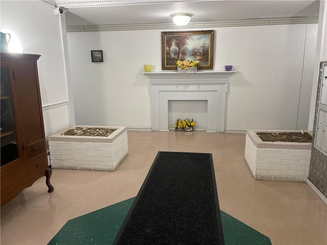 living room with crown molding