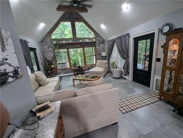 living room featuring ceiling fan, beam ceiling, high vaulted ceiling, and cooling unit