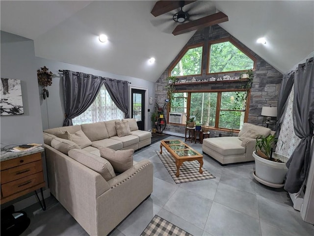 living room featuring ceiling fan, beamed ceiling, high vaulted ceiling, cooling unit, and light tile patterned flooring