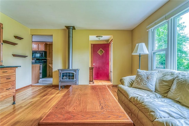 living room with a wood stove and light hardwood / wood-style flooring