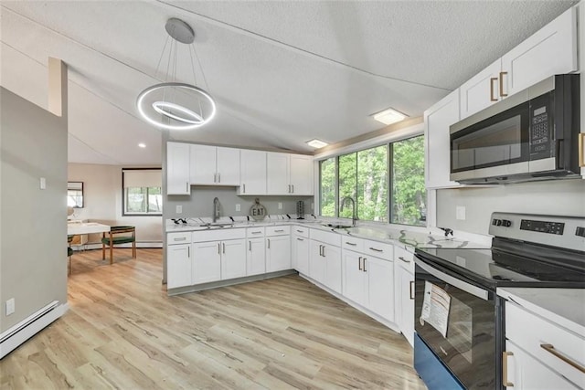 kitchen featuring black range with electric stovetop, white cabinets, a baseboard radiator, and decorative light fixtures