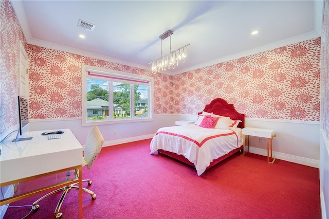 carpeted bedroom with crown molding