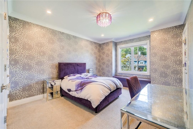 carpeted bedroom featuring crown molding