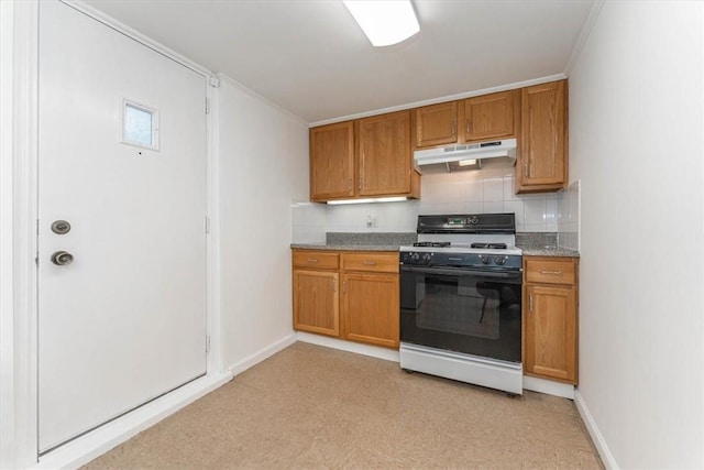 kitchen featuring backsplash, white range with gas cooktop, crown molding, and light stone countertops