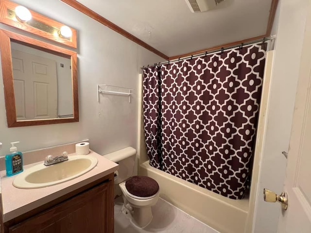 full bathroom with crown molding, vanity, shower / bath combination with curtain, and toilet