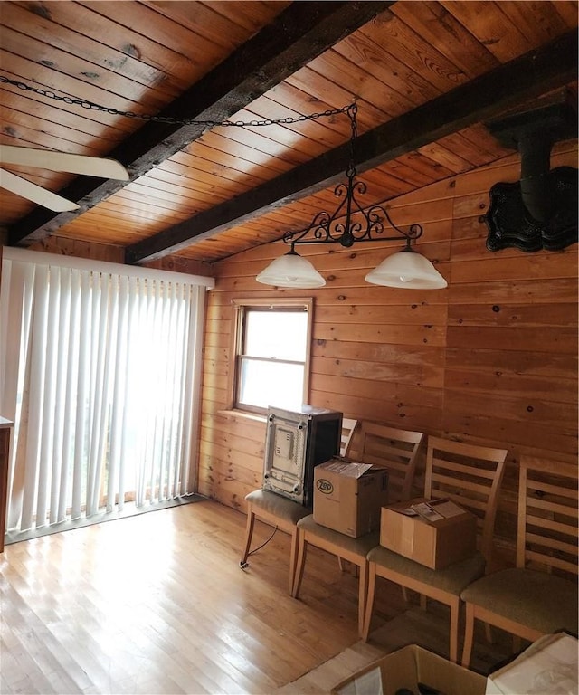 interior space with wood ceiling, wood walls, light hardwood / wood-style flooring, and lofted ceiling with beams