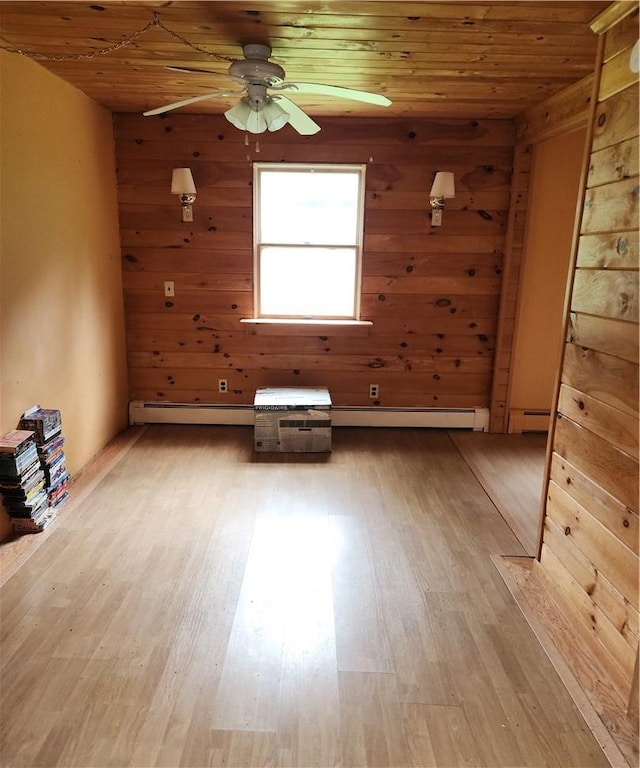 spare room with wood walls, light hardwood / wood-style floors, and wooden ceiling