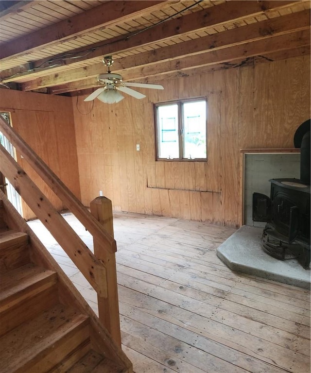 interior space with wood walls, a wood stove, ceiling fan, light wood-type flooring, and wood ceiling