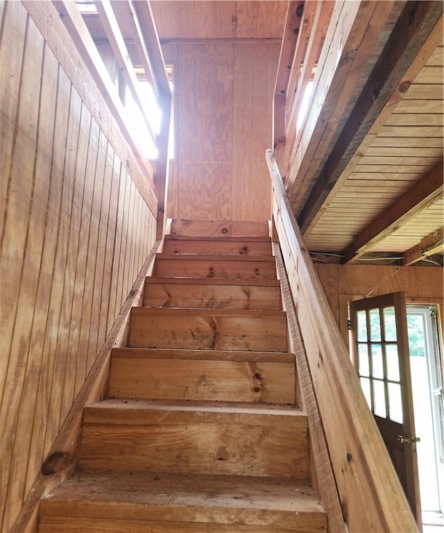 stairway with wooden walls