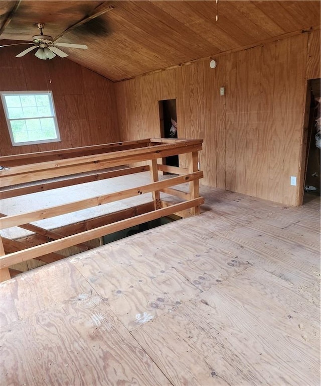 interior space with ceiling fan, wood ceiling, and vaulted ceiling