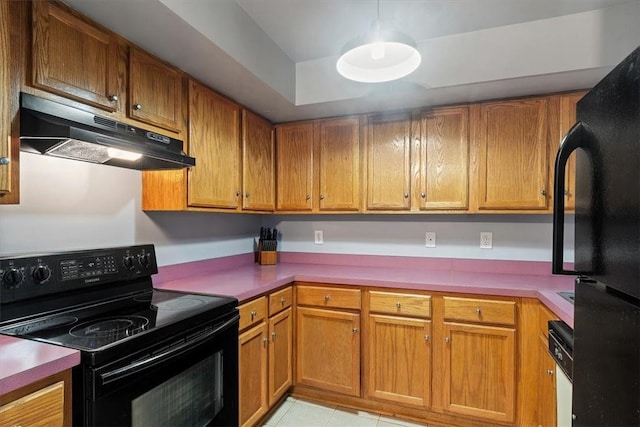 kitchen with black appliances and light tile patterned flooring