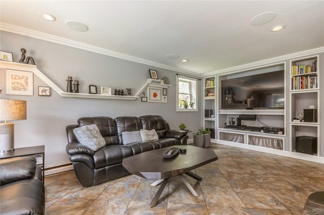 living room with built in features, ornamental molding, and a baseboard heating unit