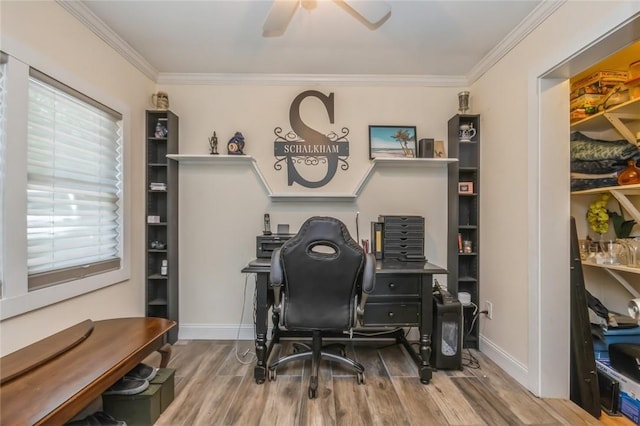 office area featuring a wealth of natural light, crown molding, ceiling fan, and hardwood / wood-style flooring