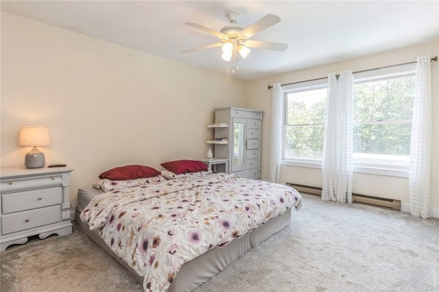 bedroom featuring ceiling fan, light carpet, and a baseboard heating unit