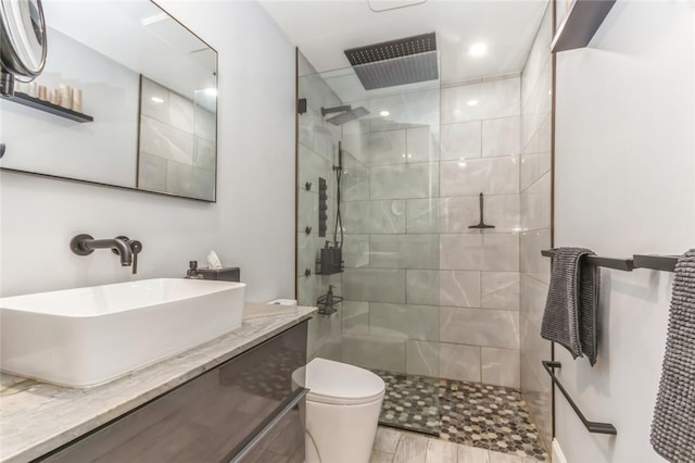 bathroom with toilet, vanity, and tiled shower