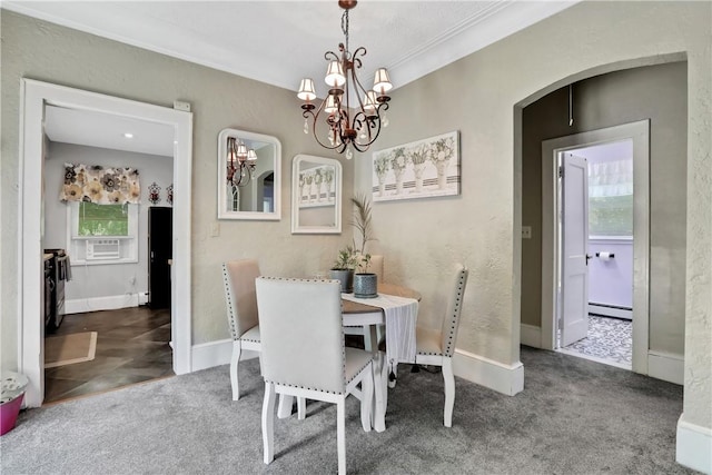 carpeted dining area featuring crown molding, cooling unit, a baseboard radiator, and a notable chandelier