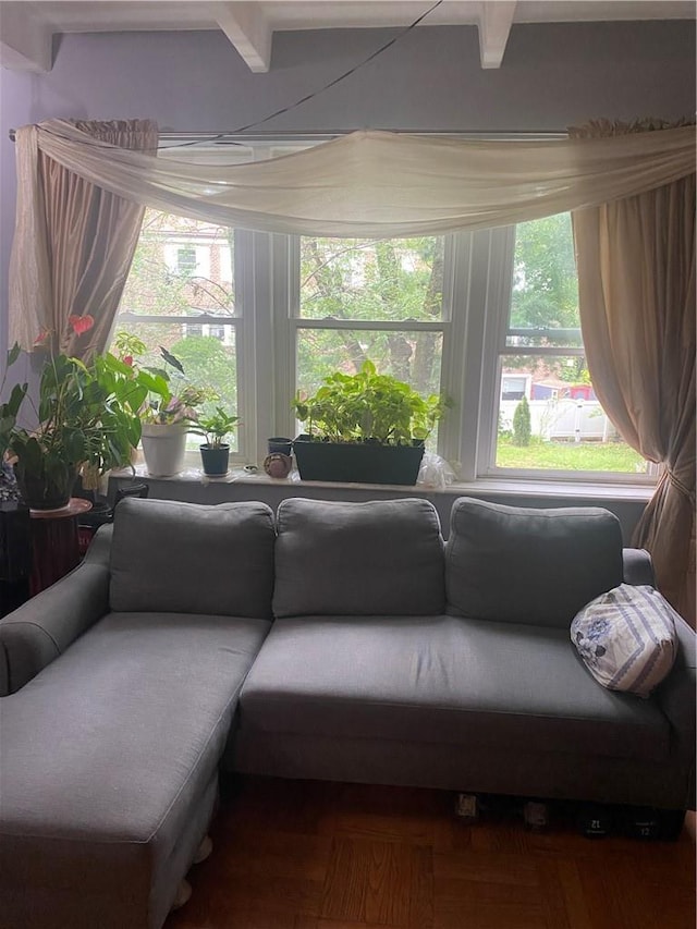 living room with hardwood / wood-style flooring, beam ceiling, and a healthy amount of sunlight