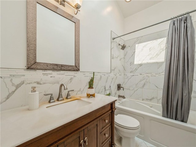 full bathroom with vanity, shower / bath combination with curtain, tile walls, and toilet