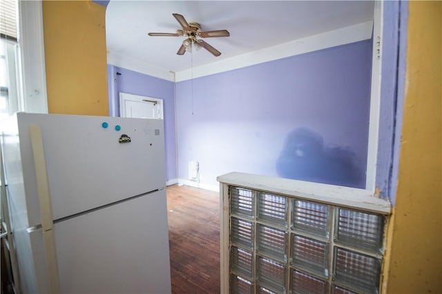 kitchen with hardwood / wood-style floors, ceiling fan, and white fridge