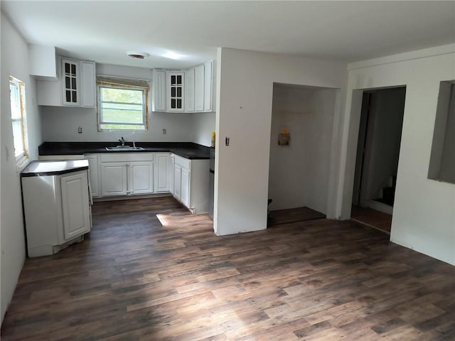 1131 County Route 31, Glen Spey, NY 12737 - kitchen featuring dark countertops, dark wood-type flooring, a sink, white cabinets, and glass insert cabinets