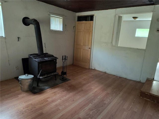 living room featuring light hardwood / wood-style floors and a wood stove