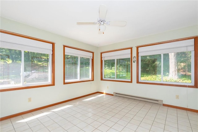 tiled spare room featuring plenty of natural light, baseboard heating, and ceiling fan