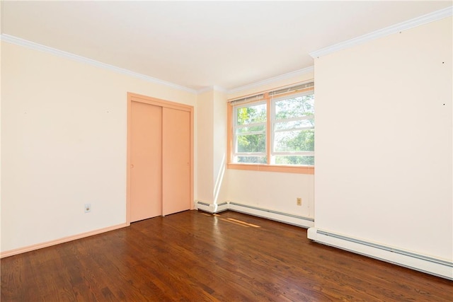 unfurnished bedroom featuring dark hardwood / wood-style floors, crown molding, and a baseboard radiator