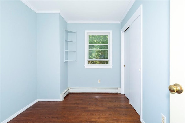 unfurnished bedroom with crown molding, baseboard heating, and dark wood-type flooring