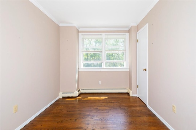 empty room featuring crown molding, a baseboard radiator, and dark hardwood / wood-style floors