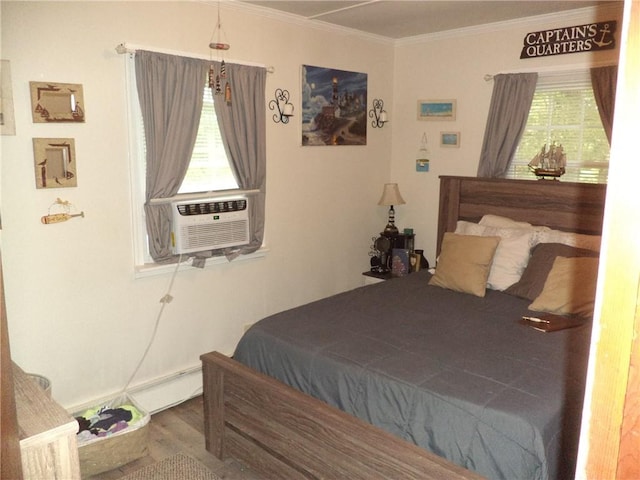 bedroom featuring multiple windows, crown molding, hardwood / wood-style floors, and cooling unit