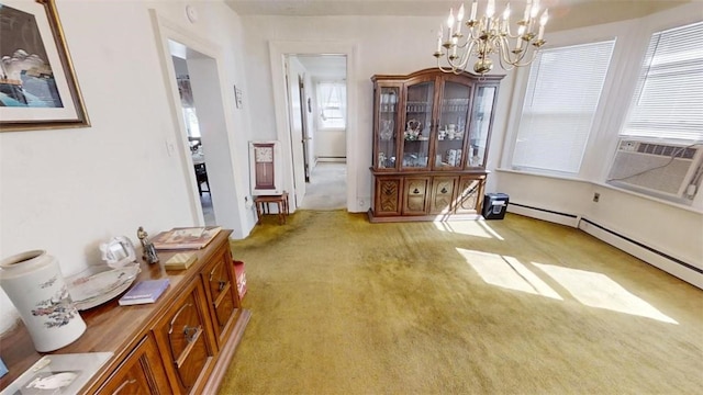 dining area with light carpet, a baseboard radiator, an inviting chandelier, and cooling unit