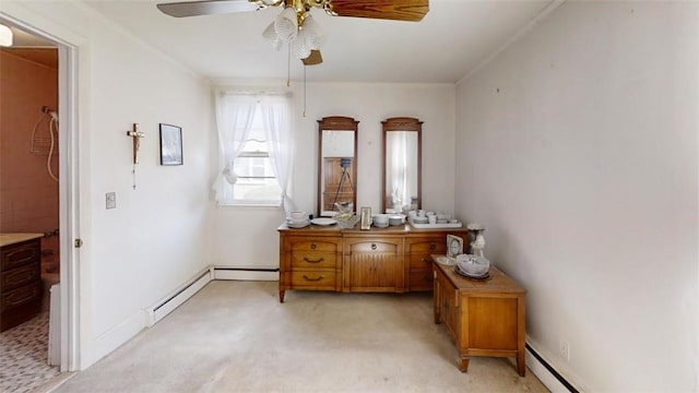 interior space with light colored carpet and a baseboard heating unit