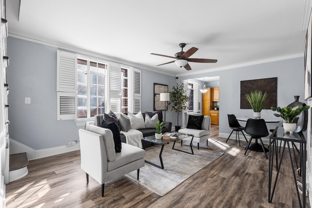 living room with ceiling fan, ornamental molding, and wood-type flooring